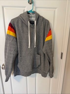 Gray Hoodie with Red, Orange and Yellow Shoulder Stripes by Super Massive